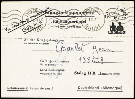 Entier formule avec figurine noire "pour eux coude à coude" (1943) du Stalag II B (GUE J1) avec mention "Via Croix-Rouge internationale Genève" OBL 31.1.45, avec griffe bleue "n'a pu être acheminé retour à l'envoyeu