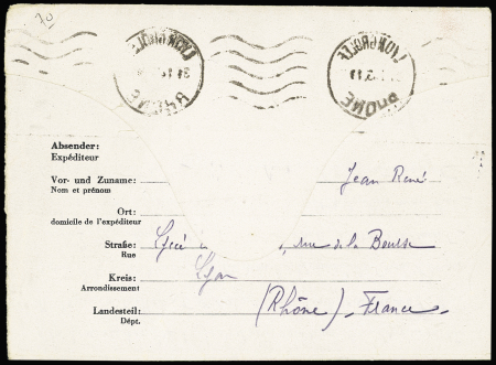 Entier formule avec figurine noire "pour eux coude à coude" (1943) du Stalag II B (GUE J1) avec mention "Via Croix-Rouge internationale Genève" OBL 31.1.45, avec griffe bleue "n'a pu être acheminé retour à l'envoyeu