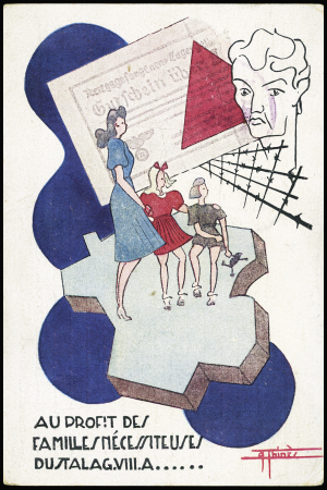 Entier carte postale avec illustration en couleurs famille et carte de France (GUE K 12) OBL (1944). TB