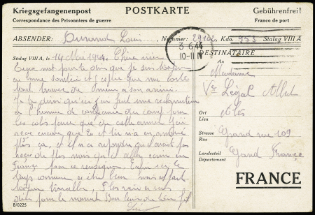 Entier carte postale avec illustration en couleurs famille et carte de France (GUE K 12) OBL (1944). TB