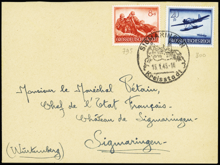 Allemagne n°795 + 800 OBL grand CAD illustré "Sigmaringen Kreisstadt" (15.1.45) sur lettre adressée au maréchal Pétain au château de Sigmaringen. TB