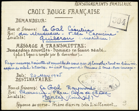 Message Croix-Rouge de Quiberon (poche de Lorient pour Nantes - mars 1945). Rare et TB