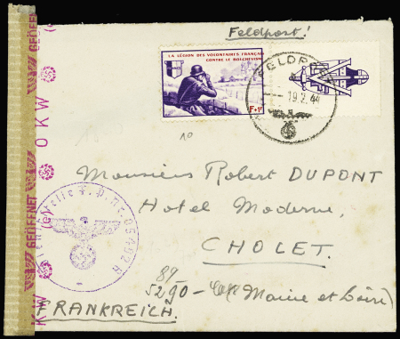 LVF n°10, F + 1F violet OBL CAD "Feldpost" (19.2.44) sur lettre avec cachet violet  avec aigle "Dientstelle FP NR 05492 A" (9e Cie du 3e bataillon du 638e RI) et censure de l'OKW. TB