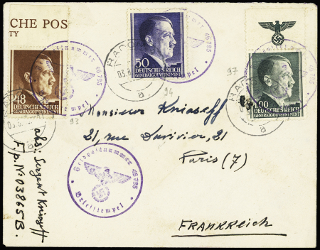 Pologne gouv. Général n+93 + 94 + 98 OBL Radom 4 sur lettre avec cachet violet avec aigle "Feldpostnummer 46795 Briefstemplel" (commando de réserve de la LVF). TB