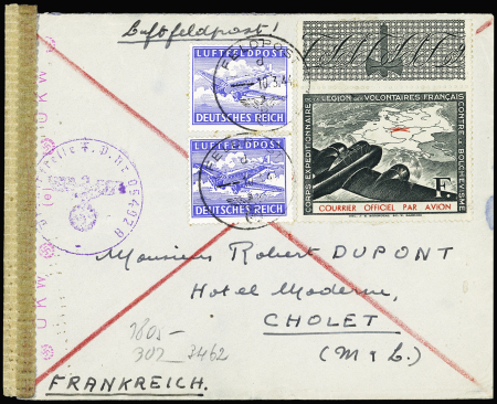 LVF n°2 + 2 vignettes bleues "Luftfeldpost" OBL CAD "Feldpost" (10.3.44) sur lettre avec cachet violet avec aigle "Dienstelle 05492 A" (9e Cie) sur lettre avec censure  de l'OKW. TB
