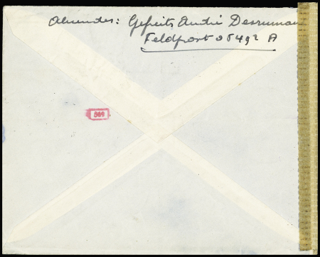 LVF n°2 + 2 vignettes bleues "Luftfeldpost" OBL CAD "Feldpost" (10.3.44) sur lettre avec cachet violet avec aigle "Dienstelle 05492 A" (9e Cie) sur lettre avec censure  de l'OKW. TB