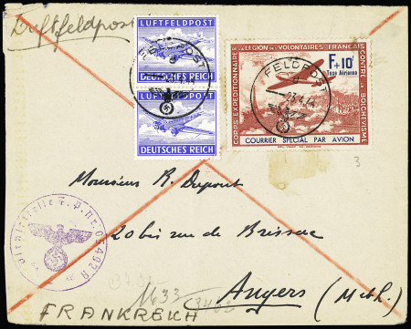 LVF n°3 + vignette bleue "Luftfeldpost" en paire OBL CAD "Feldpost" (23.4.44) sur lettre avec cachet violet avec aigle "Dienststelle FP nr 05492 A" (9e Cie) sur lettre censurée. TB