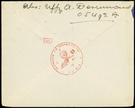 LVF n°3 + vignette bleue "Luftfeldpost" en paire OBL CAD "Feldpost" (23.4.44) sur lettre avec cachet violet avec aigle "Dienststelle FP nr 05492 A" (9e Cie) sur lettre censurée. TB