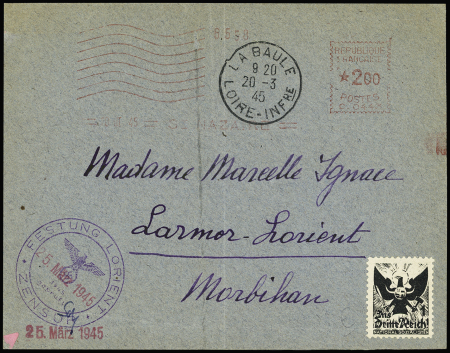 Lettre avec EMA rouge de Saint-Nazaire OBL La Baule (20.3.45) pour Larmor-Lorient avec cachet violet avec aigle "Festung Lorient Zensur" et vignette nazie noire (aigle). TB