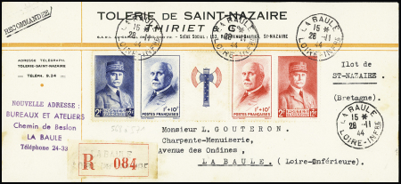 N°568 à 571, bande Pétain OBL La Baule (28.11.44) sur env. recommandées format américain. Rare et TB