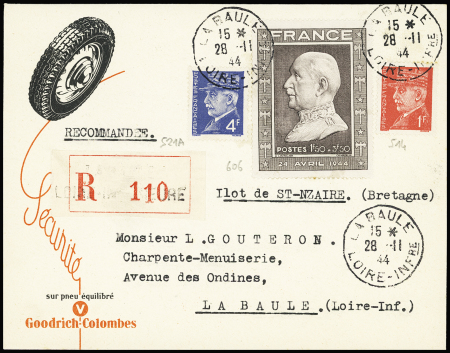 N°514 + 521A + 606 OBL La Baule (28.11.44) sur lettre recommandée locale. AFF rare. TB