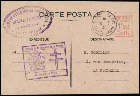Entier CP avec empreinte rouge de machine à affranchir 1F50 B0944 (GUE E5) OBL La Rochelle (9.5.45). Rare et TB. Cote 300€