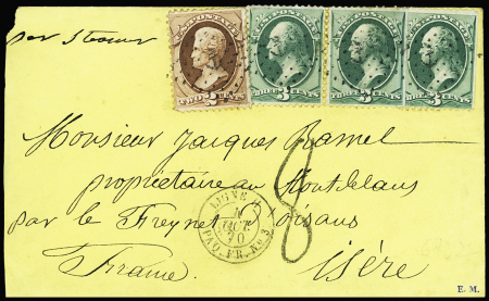 USA n°40 + 41 en bande de 3 OBL ancre + CAD rond "Ligne H Paq. FR n°3" (4 oct 70) (Salles n°1711/3) sur lettre. RRR et TB