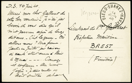 Carte postale de Madagascar  avec CAD rond "Diego-Suarez naval" (1940). RR et TB