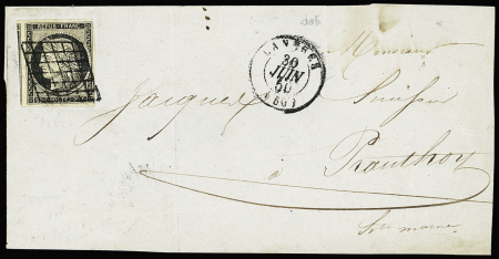 N°3 OBL grille + CAD T15 "Langres (50)" (30 juin 1850 - dernier jour du tarif à 20c) sur lettre. TB