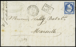N°14 OBL PC 3610 + T15 "Villefranche de Rouergue (11)" (1862) + griffe encadrée de confection locale "Après le départ". TB