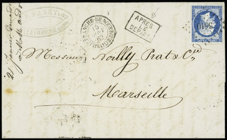 N°14 OBL PC 3610 + T15 "Villefranche de Rouergue (11)" (1862) + griffe encadrée de confection locale "Après le départ". TB