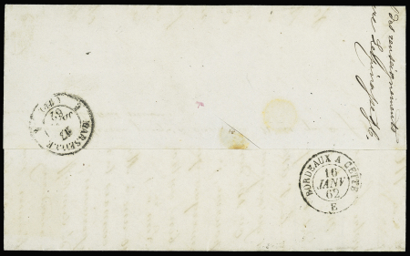 N°14 OBL PC 3610 + T15 "Villefranche de Rouergue (11)" (1862) + griffe encadrée de confection locale "Après le départ". TB