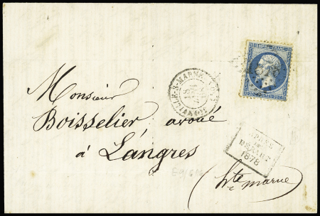 N°22 OBL GC 1878 + T15 "Joinville-s-Marne (50)" + griffe noire encadrée "Après le départ 1878" sur lettre pour Langres. TB