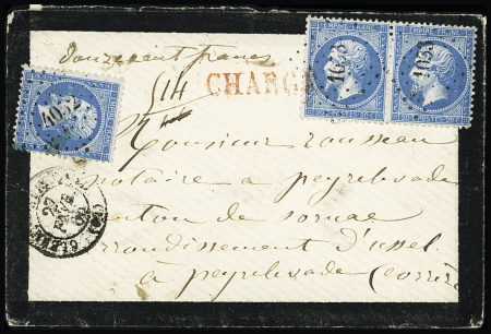N°22 en paire OBL PC du GC 1053 + T15 Clermont Ferrand (1865) sur env. de deuil chargée (VD 200F). TB