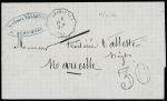 Lettre de Perpignan pour Marseille avec CAD convoyeur station "Perpignan PN (65)" (1868) + taxe 30 double-trait. Bonne association. TB