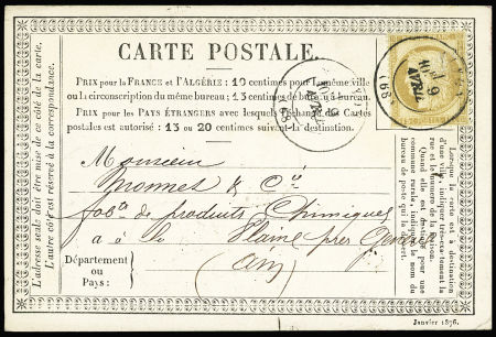 N°55, trou d'épingle, OBL CAD T17 "Lyon (68)" (1876) sur carte postale précurseur avec au verso repiquage "Prugnat ainé & ses fils avis d'expédition" avec plusieurs CAD d'arrivée en Suisse au verso. TB