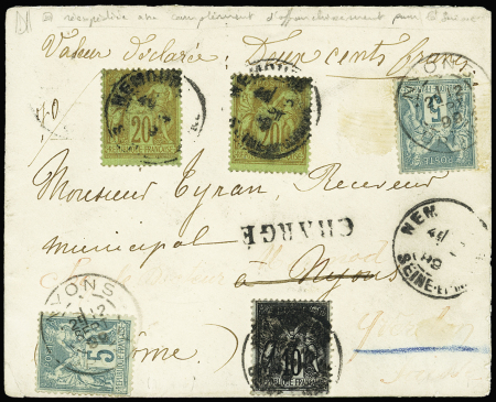 N°96, 2 pièces + n°103 OBL Nemours Seine et Marne (1899) sur lettre chargée (VD 200F) pour Nyons Drôme avec complément par n°75, 2 pièces OBL Nyons pour réexpédition à Yverdon Suisse avec arrivée au verso à