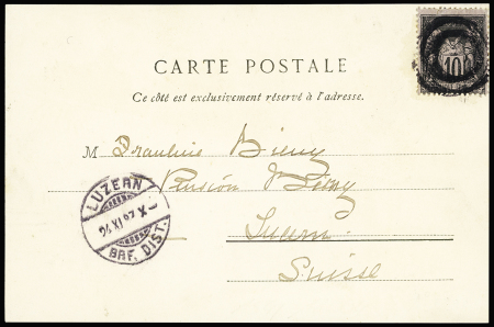 N°103 OBL cachet 2 cercles "cible" sur carte postale Gruss de Paris pour Lucerne (1897) - le cahet cible est infiniment plus rare sur type Sage que sur Blanc ou Semeuse. RR et TB