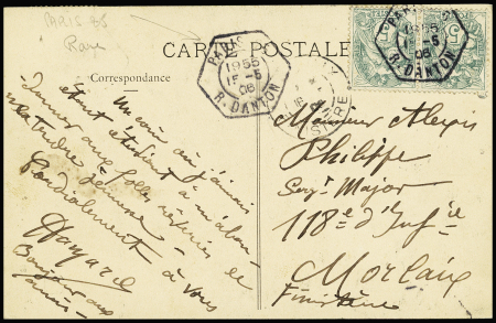 N°111, 3 pièces, OBL hex à cercle intérieur de levée exceptionnelle "Paris 25 R. Danton" (1906) sur carte postale pour Morlaix. TB