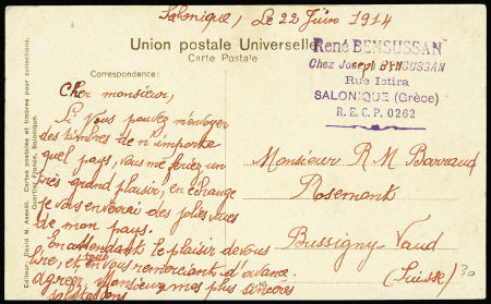 Levant n°13 OBL CAD échoppé "Salonique" (1914) sur carte postale. TB