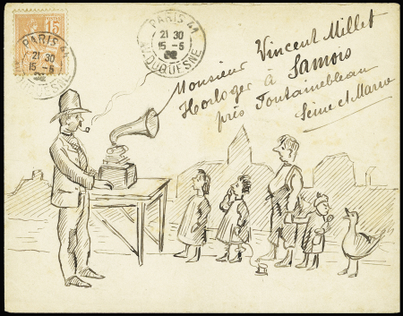 TYPE MOUCHON N°117 OBL "Paris 41 av. Duquesne" (1902) sur enveloppe dessinée : homme avec phonographe devant une famille. TB