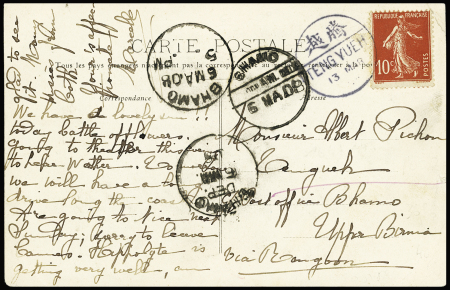 N°138 OBL à l'arrivée CAD "Teng Yueh" (1908) sur carte postale pour la Birmanie avec 2 CAD "Bhamo". TB