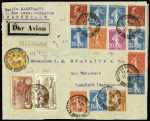 TYPE PASTEUR N°170, 10c vert, 3 pièces (signées Calves) + n+159, 11 pièces + n°257 + nombreux divers au verso de la lettre (Marseille 1934) sur lettre recommandée par avion pour Madagascar. RR et TB