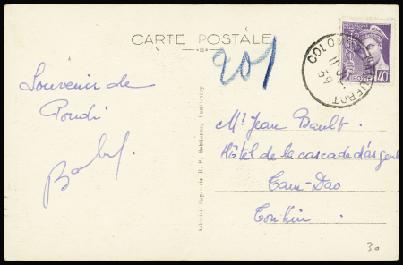 N°413, 40c violet, OBL CAD "Colombo paquebot" (1939) sur carte postale de Pondichéry pour le Tonkin. TB