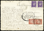 TYPE PETAIN N°509, 2 pièces, OBL Pau (1943) sur carte postale pour un interné espagnol au camps de Gurs avec Basses Pyrénées" (taxation pour écriture en dehors de l'espace autorisé). TB