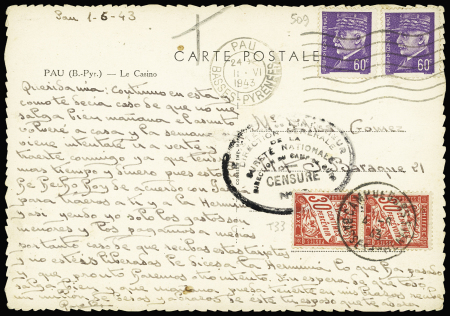 TYPE PETAIN N°509, 2 pièces, OBL Pau (1943) sur carte postale pour un interné espagnol au camps de Gurs avec Basses Pyrénées" (taxation pour écriture en dehors de l'espace autorisé). TB