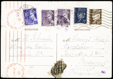 Entier carte postale 80c Pétain avec n°510 + 407 + 413, 2 pièces, Mercure OBL Paris (1942) pour Budapest avec censure allemande. TB