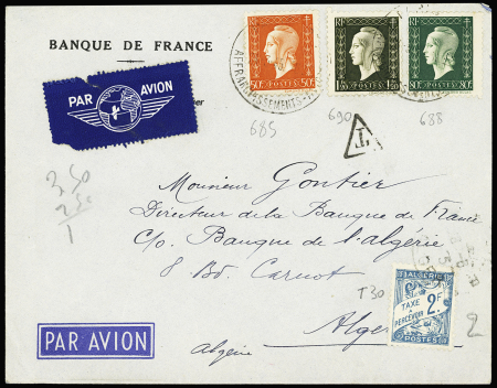 N°684 + 688 + 690 OBL Paris (1945) sur lettre par avion pour Alger avec Algérie timbre-taxe n°30. TB