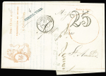 Enveloppe spéciale formule "Numa Grar raffineurs de sucre" avec cercle rouge "timbre de départ", griffe bleue en caractères obliques "simple taxe" + T15 Valenciennes (1853) + taxe 25 double-trait. TB