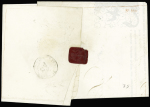 Enveloppe spéciale formule "Numa Grar raffineurs de sucre" avec cercle rouge "timbre de départ", griffe bleue en caractères obliques "simple taxe" + T15 Valenciennes (1853) + taxe 25 double-trait. TB