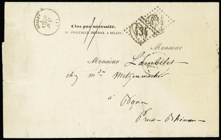 Lettre du procureur impérial à Bellay avec taxe 30 double-trait annulée par GC 434 + CAD T16 "Bellay (1)" (1869) adressée en Prusse Rhénane. TB