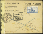 France Libre n°7, 10F + 40F bleu OBL CAD horoplan "Casablanca postes Maroc" (7 sept 44) sur lettre par avion pour Douala avec censure du Cameroun et griffes encadrées "décédé" et "retour à l'envoyeur" avec au verso