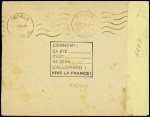 France Libre n°7, 10F + 40F bleu OBL CAD horoplan "Casablanca postes Maroc" (7 sept 44) sur lettre par avion pour Douala avec censure du Cameroun et griffes encadrées "décédé" et "retour à l'envoyeur" avec au verso