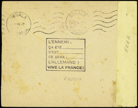France Libre n°7, 10F + 40F bleu OBL CAD horoplan "Casablanca postes Maroc" (7 sept 44) sur lettre par avion pour Douala avec censure du Cameroun et griffes encadrées "décédé" et "retour à l'envoyeur" avec au verso