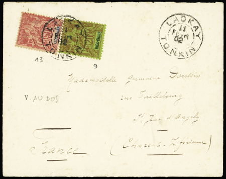 Indochine n°9 + 13, type groupe, OBL Laokay Tonkin (1902) sur lettre pour Saint-Jean d'Angély. TB