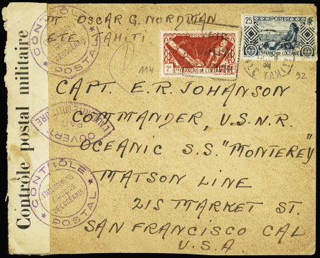 N°92 + 114 OBL Papeete ile Tahiti (1939) + Daguin à