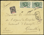 Sénégal n°15 + 33 en paire annulés croix à la plume + mention manuscrite "origine Dakar" sur lettre avec griffe encadrée "AR" pour Grenoble. TB
