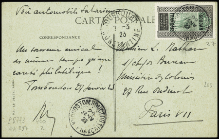 Soudan n°27 OBL CAD "Tombouctou Soudan Français" (29 janv 23) sur carte postale avec CAD 1 cercle "Touggourt Constantine" (7.3.23) et mention manuscrite "Voie automobile saharienne" (croisière noire Citröen). RR et T