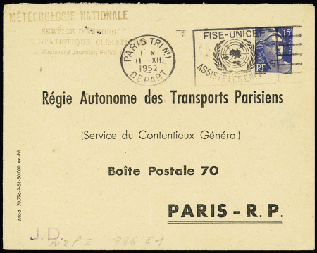 Env. 15F Gandon bleu TSC RATP (1951) OBL (Storch - Françon - Sinais GAN N 2F). TB. Cote 300€