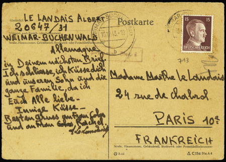 Allemagne n°713 OBL Weimar - Buckenwald (1943) sur carte postale d'un déporté français. TB